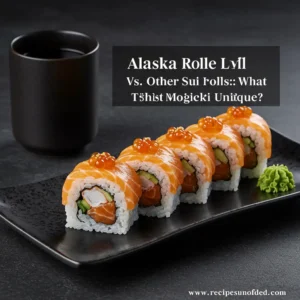 A close-up of an elegant sushi presentation featuring Alaska rolls, topped with bright orange salmon and roe, arranged on a sleek black plate. The rolls are filled with crab, cucumber, and avocado, accompanied by a dollop of wasabi. A black ceramic cup sits in the background, adding to the refined dining atmosphere.