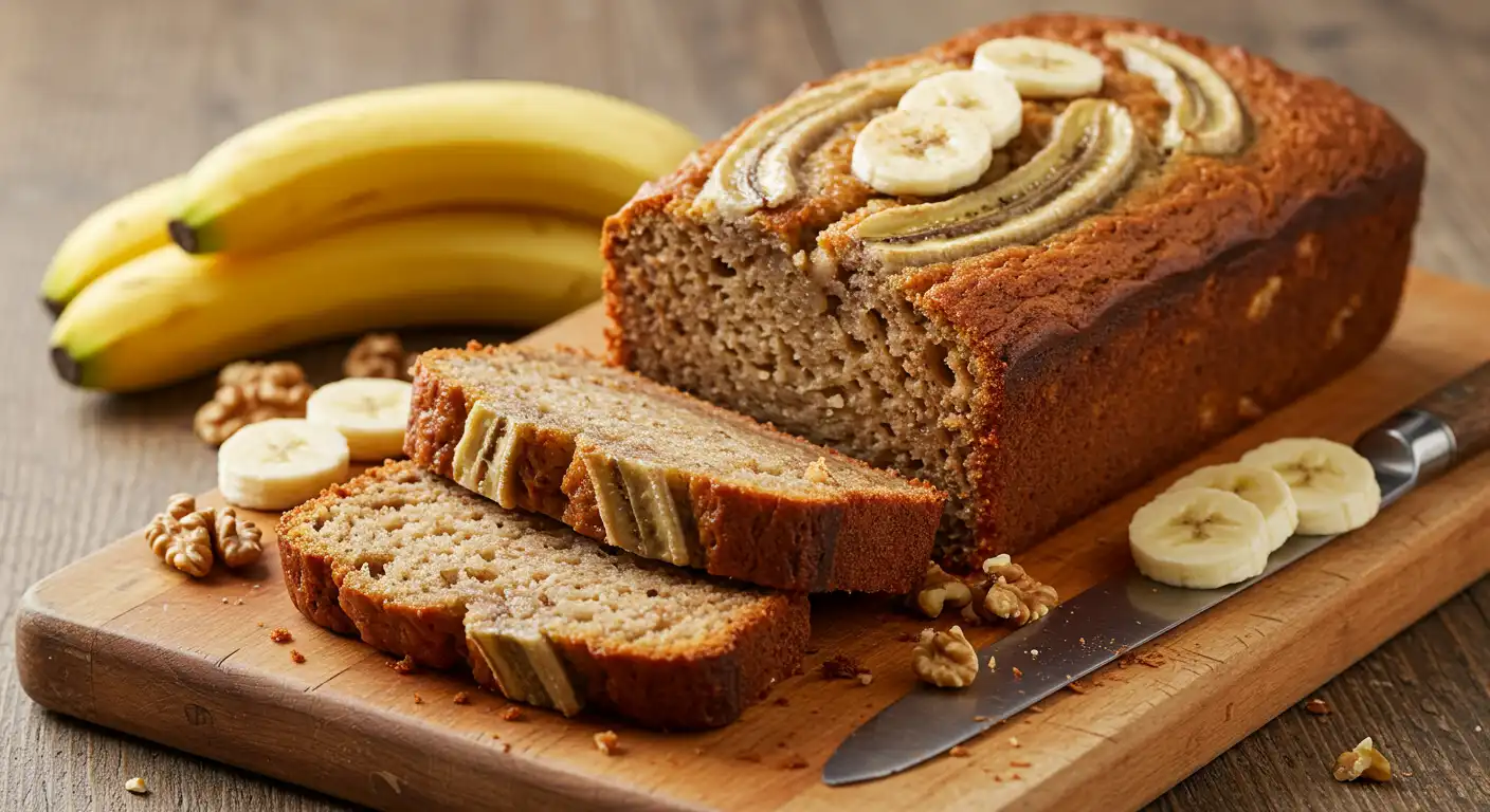 Freshly baked banana bread loaf sliced on a wooden cutting board, garnished with banana slices and walnuts