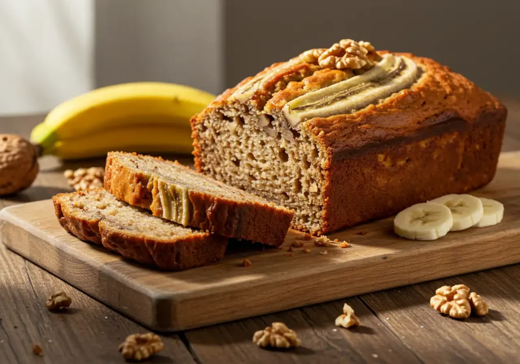 Freshly baked banana bread loaf sliced on a wooden cutting board, garnished with banana slices and walnuts