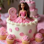A pink and purple layered Barbie birthday cake topped with a blonde Barbie doll in a matching pink dress.