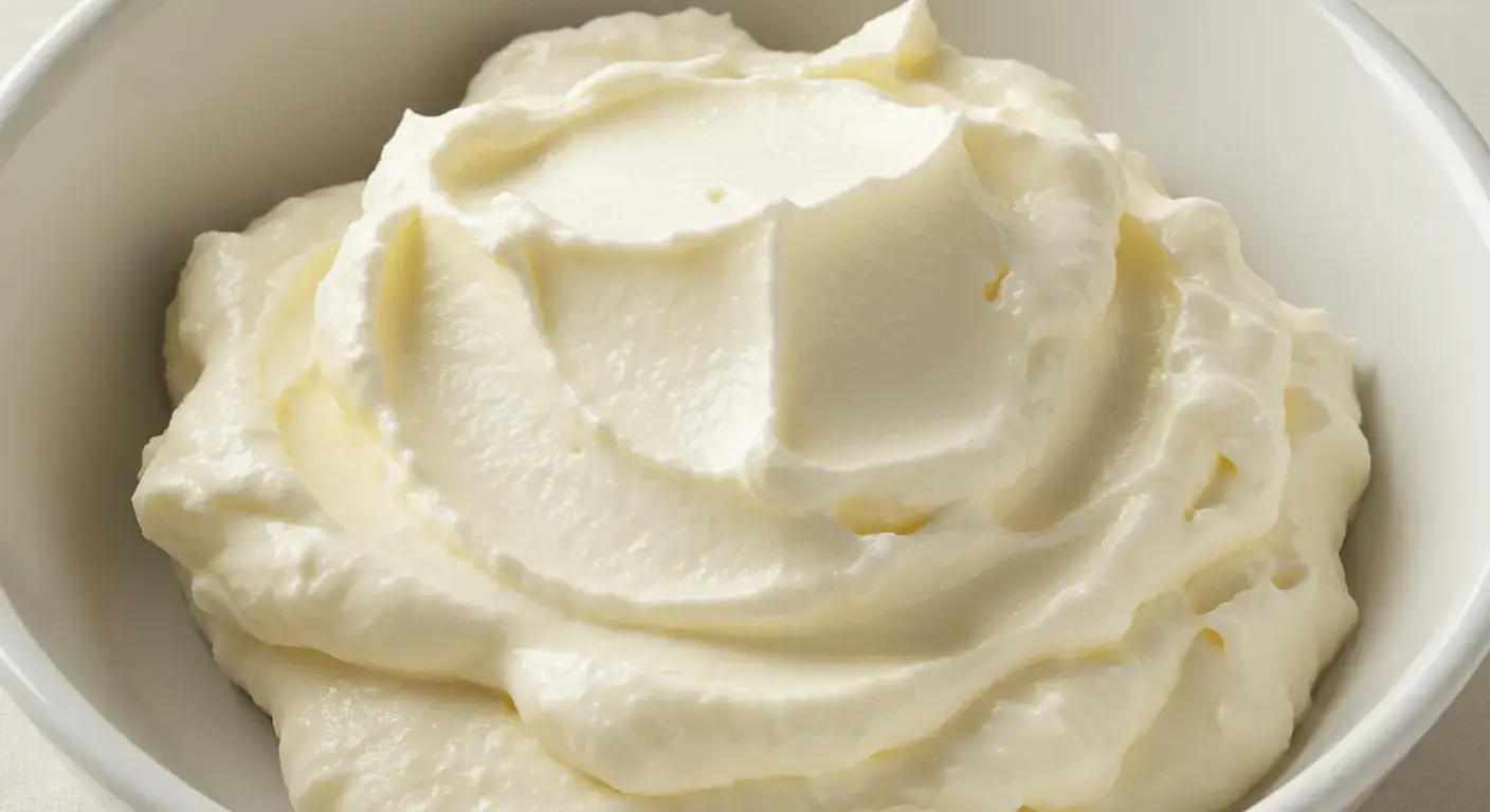 A close-up view of smooth and creamy cream cheese filling in a white bowl, showcasing its rich and velvety texture.