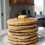A tall stack of fluffy sourdough discard pancakes on a white plate, topped with a pat of butter and drizzled with maple syrup.