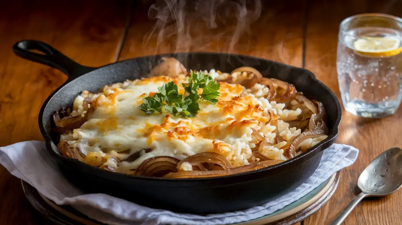 A steaming skillet dish of baked rice topped with melted cheese, garnished with fresh parsley, placed on a wooden table.