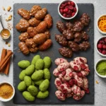 A slate platter featuring four varieties of gourmet-coated almonds: caramel-drizzled, chocolate-crunch, matcha-dusted, and white chocolate with dried cranberries. Surrounding the platter are small bowls of cranberries, orange zest, matcha powder, cinnamon sticks, and caramel.