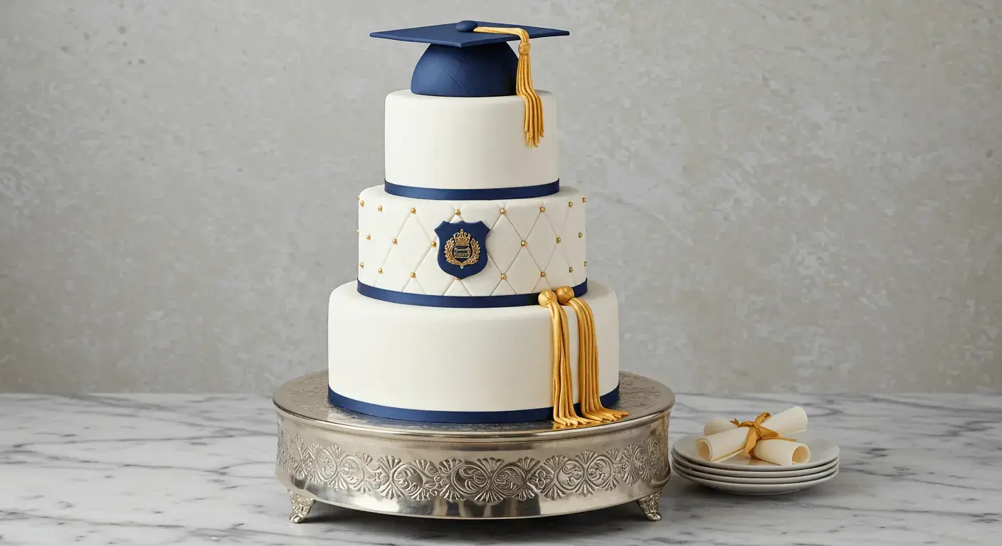 A three-tiered graduation-themed cake decorated with a blue and gold motif, featuring a graduation cap topper, gold tassels, and a crest emblem on the middle tier. The cake is displayed on a decorative silver stand with a stack of plates and rolled diplomas tied with gold ribbon on the side.