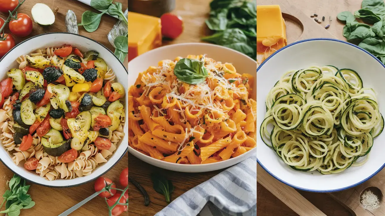 Three delicious pasta dishes displayed side by side. The first features roasted vegetable pasta with vibrant zucchini, tomatoes, and herbs. The second is creamy pasta topped with fresh basil and parmesan cheese. The third is zucchini noodles garnished with parmesan and a light sauce.