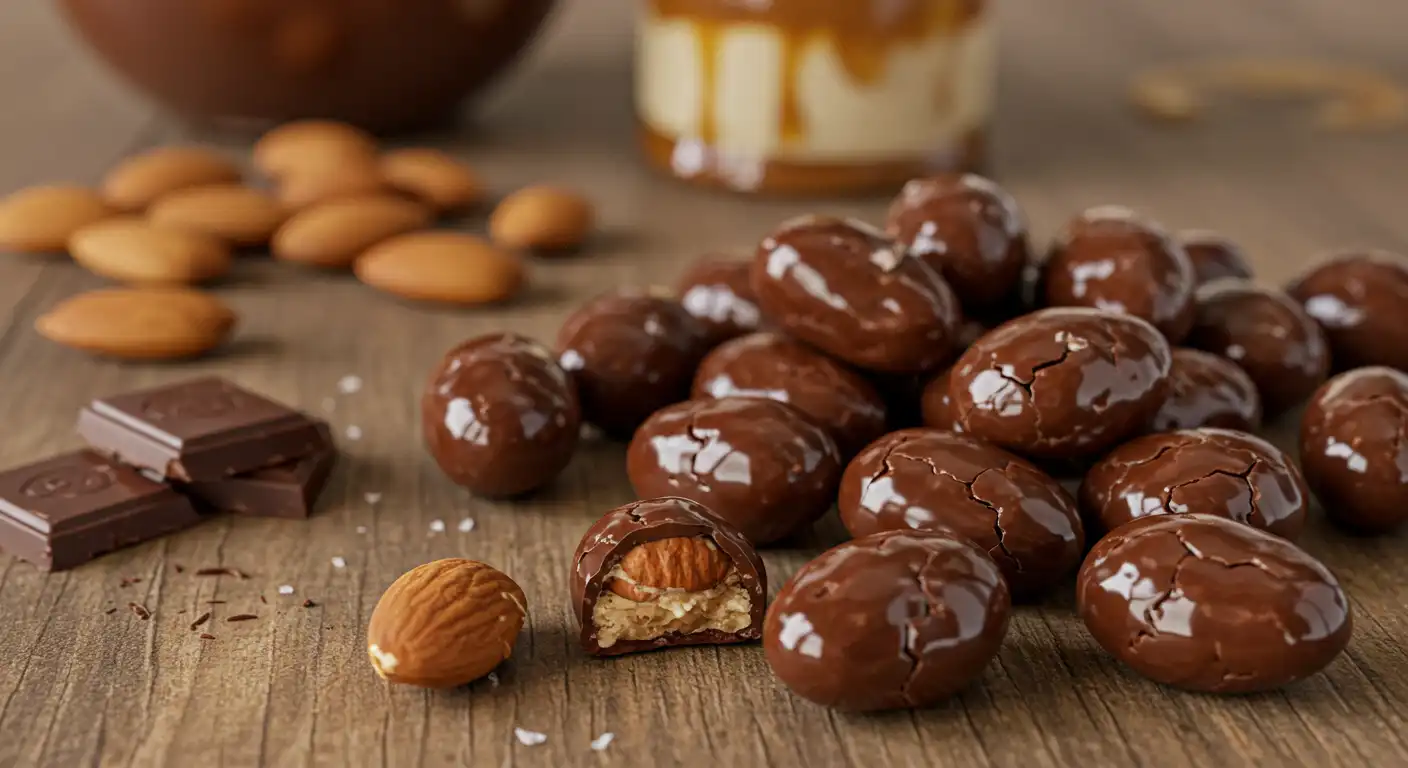 A close-up of glossy chocolate-covered almonds on a wooden surface, with a few raw almonds, chocolate pieces, and caramel in the blurred background.