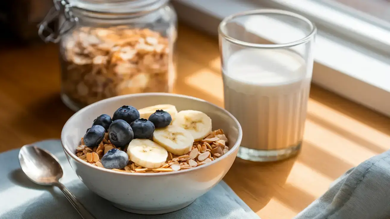 A bowl of almond cereal topped with fresh blueberries and banana slices, placed on a table near a glass of milk and a jar of granola, bathed in natural sunlight.