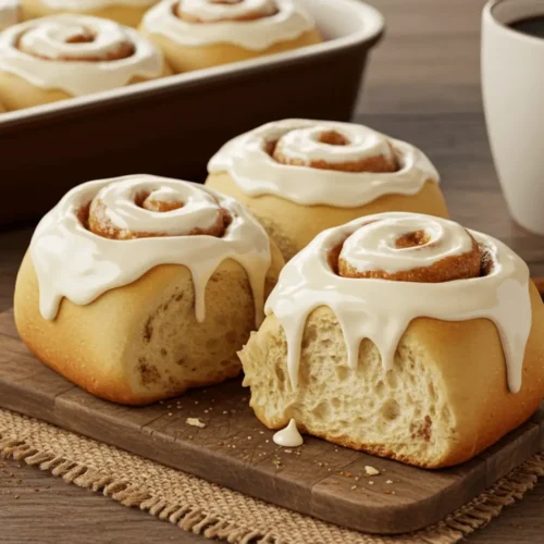 Freshly baked Rhodes cinnamon rolls with gooey cream cheese frosting on a rustic wooden table, surrounded by baking ingredients like cinnamon, sugar, and butter.