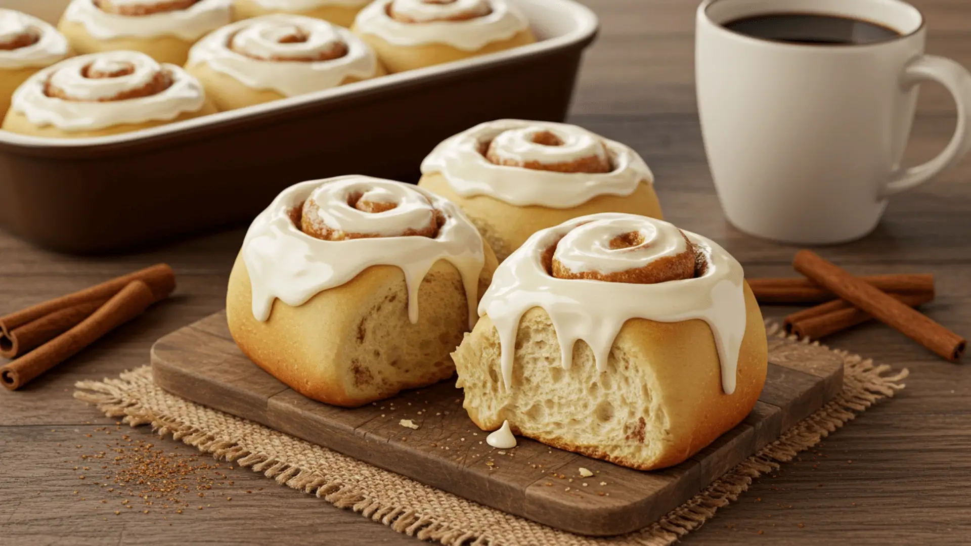 Freshly baked Rhodes cinnamon rolls with gooey cream cheese frosting on a rustic wooden table, surrounded by baking ingredients like cinnamon, sugar, and butter.