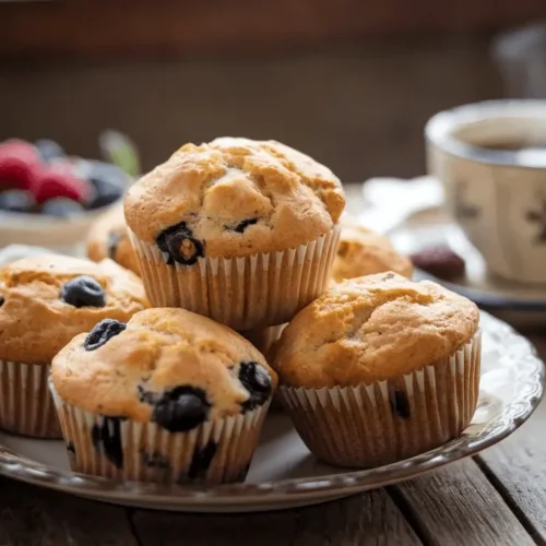 A plate of freshly baked blueberry muffins on a rustic wooden table, accompanied by a vintage teacup filled with tea and a bowl of fresh berries in the background.