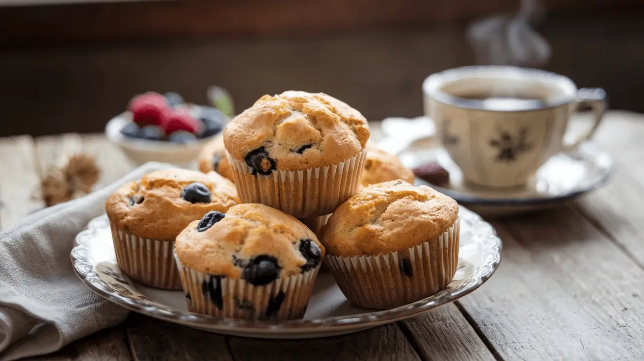 A plate of freshly baked blueberry muffins on a rustic wooden table, accompanied by a vintage teacup filled with tea and a bowl of fresh berries in the background.