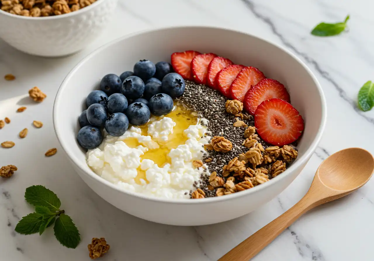 Healthy breakfast bowl with cottage cheese, fresh blueberries, sliced strawberries, chia seeds, granola, and honey drizzle on marble surface with mint leaves and wooden spoon