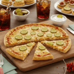 A pickle-topped pizza served on a wooden board, surrounded by complementary dishes like drinks, extra pickles, dipping sauces, and small appetizers in the background.