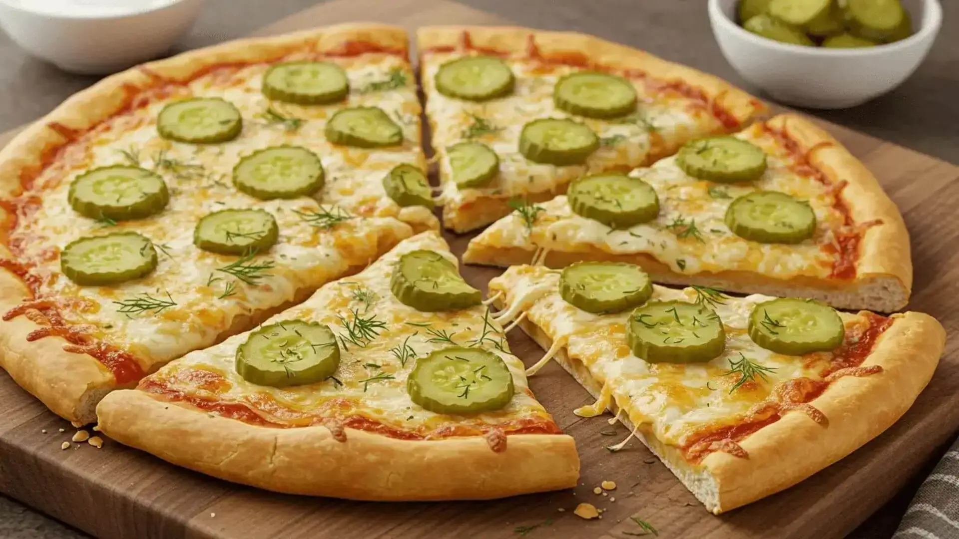 Why Pickle Pie Pizza A close-up view of a pickle-topped pizza, sliced and served on a wooden board. The pizza is garnished with fresh dill, with a bowl of extra pickle slices in the background.