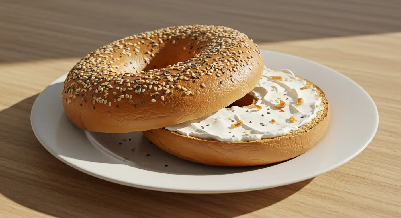 A freshly baked bagel with sesame and poppy seeds, split in half with cream cheese spread on the bottom half, served on a white plate