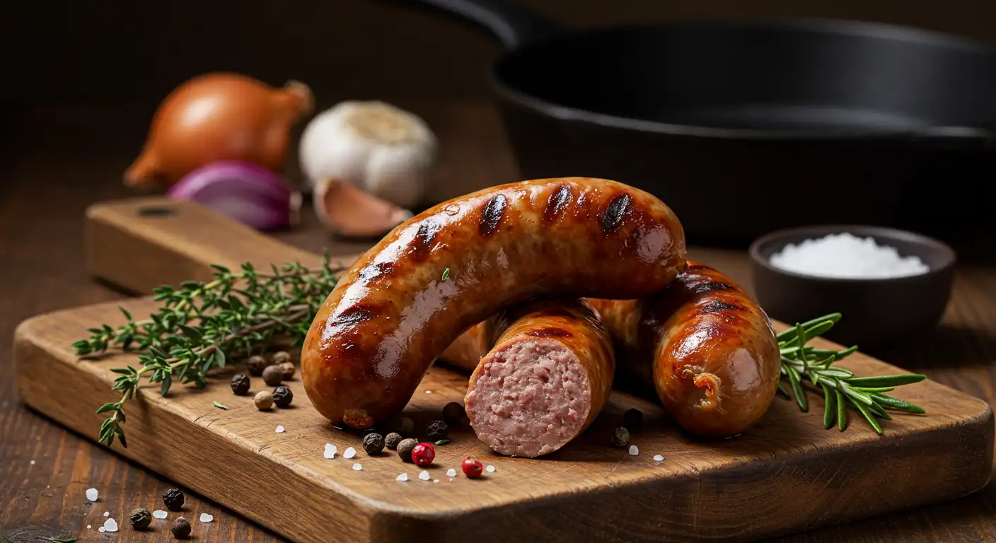 Grilled homemade beef sausages on wooden cutting board with one link sliced to show perfect interior texture, garnished with fresh rosemary, black peppercorns, sea salt, and aromatic ingredients including garlic and onions in the background." Caption: "Master the art of homemade beef sausage making with our comprehensive guide - from selecting ingredients to achieving that perfect golden-brown finish.