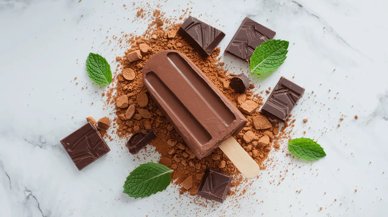 Chocolate fudgesicle surrounded by cocoa powder, chocolate chunks, and fresh mint leaves on a white marble surface.