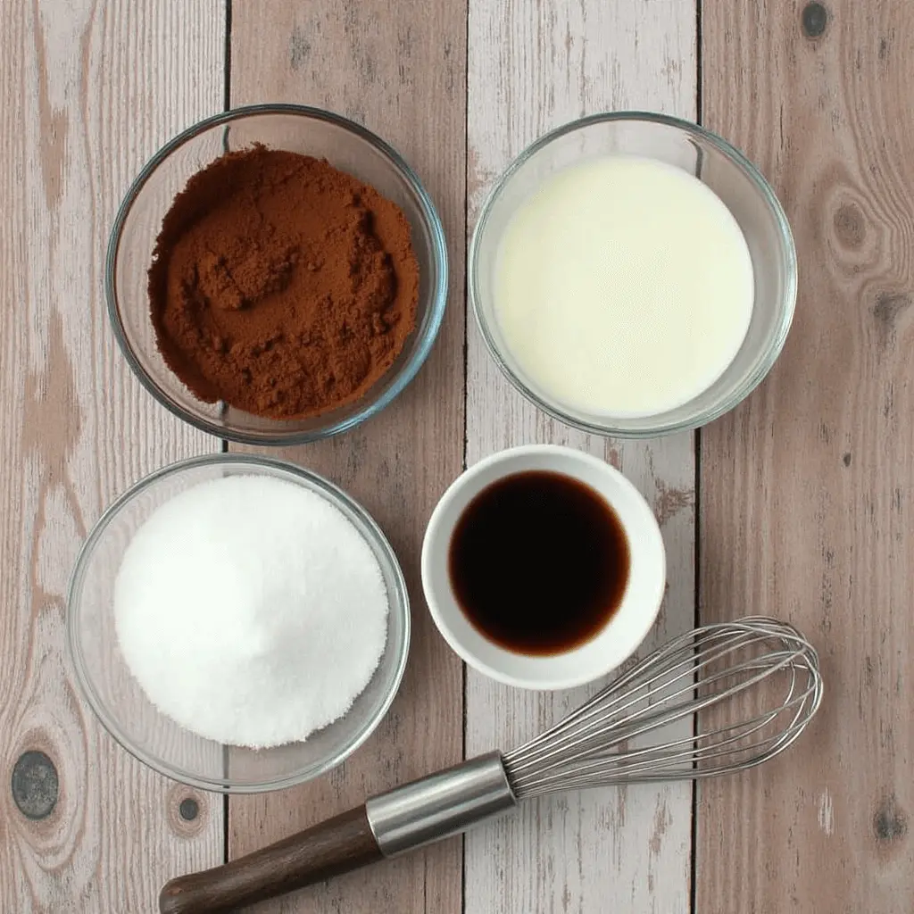 Ingredients for homemade fudgesicles, including cocoa powder, milk, sugar, vanilla extract, and a whisk, arranged on a wooden surface.