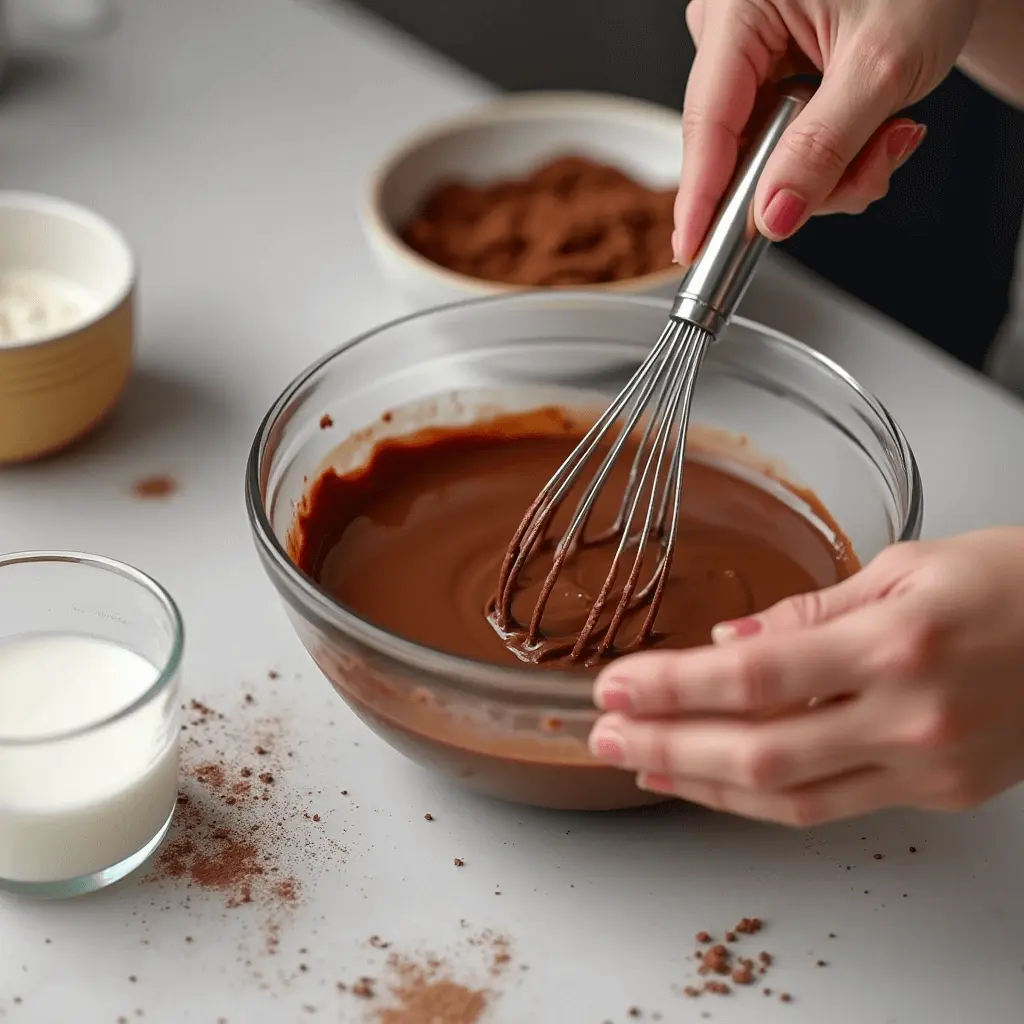 Hands whisking a creamy chocolate mixture in a glass bowl, surrounded by cocoa powder, milk, and other ingredients on a kitchen counter.
