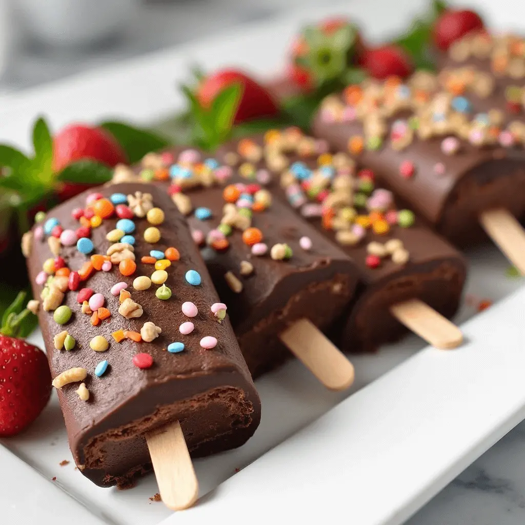Chocolate fudgesicles topped with colorful sprinkles, arranged on a white platter with fresh strawberries and mint leaves as garnish.