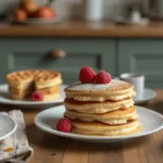 A variety of Sourdough discard breakfast recipes , including pancakes topped with raspberries, waffles, and muffins, set on a rustic kitchen table.