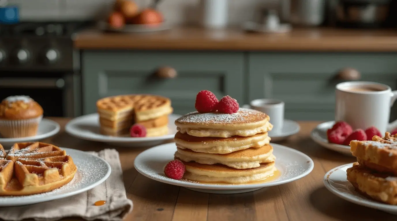 A variety of Sourdough discard breakfast recipes , including pancakes topped with raspberries, waffles, and muffins, set on a rustic kitchen table.