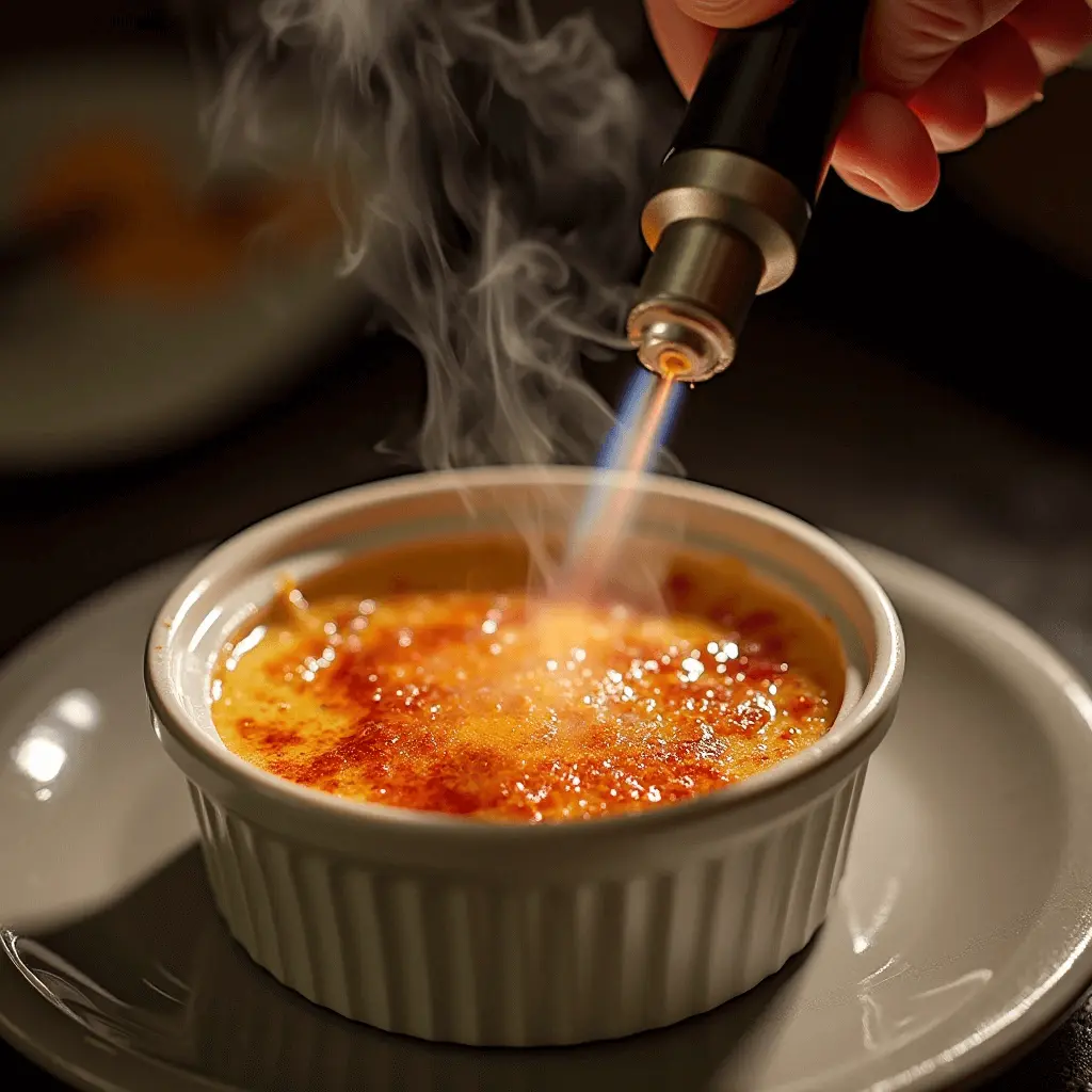 A kitchen torch caramelizing the topping of a crab brulee in action.