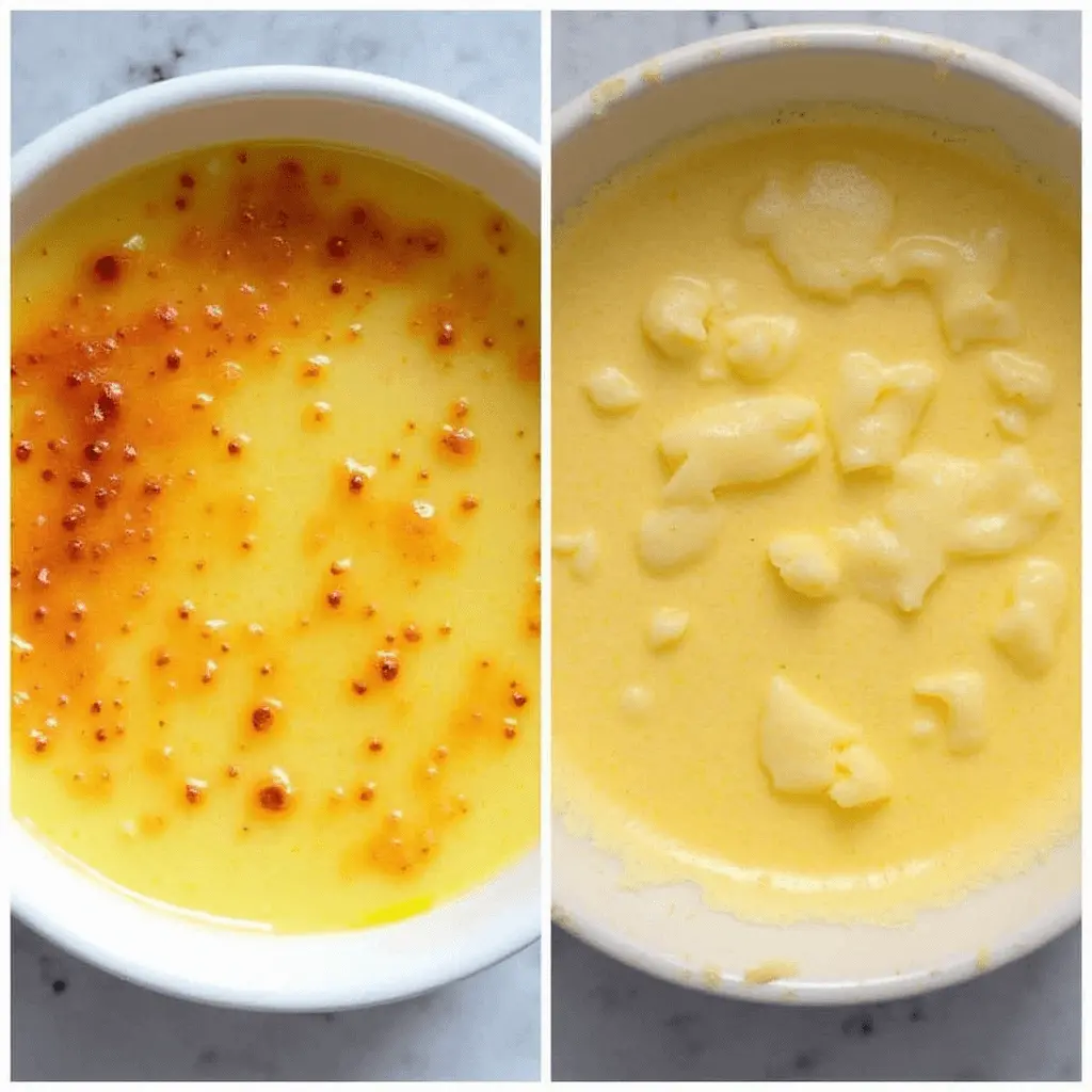 A split image showing a perfect custard and an overcooked, curdled one for comparison.