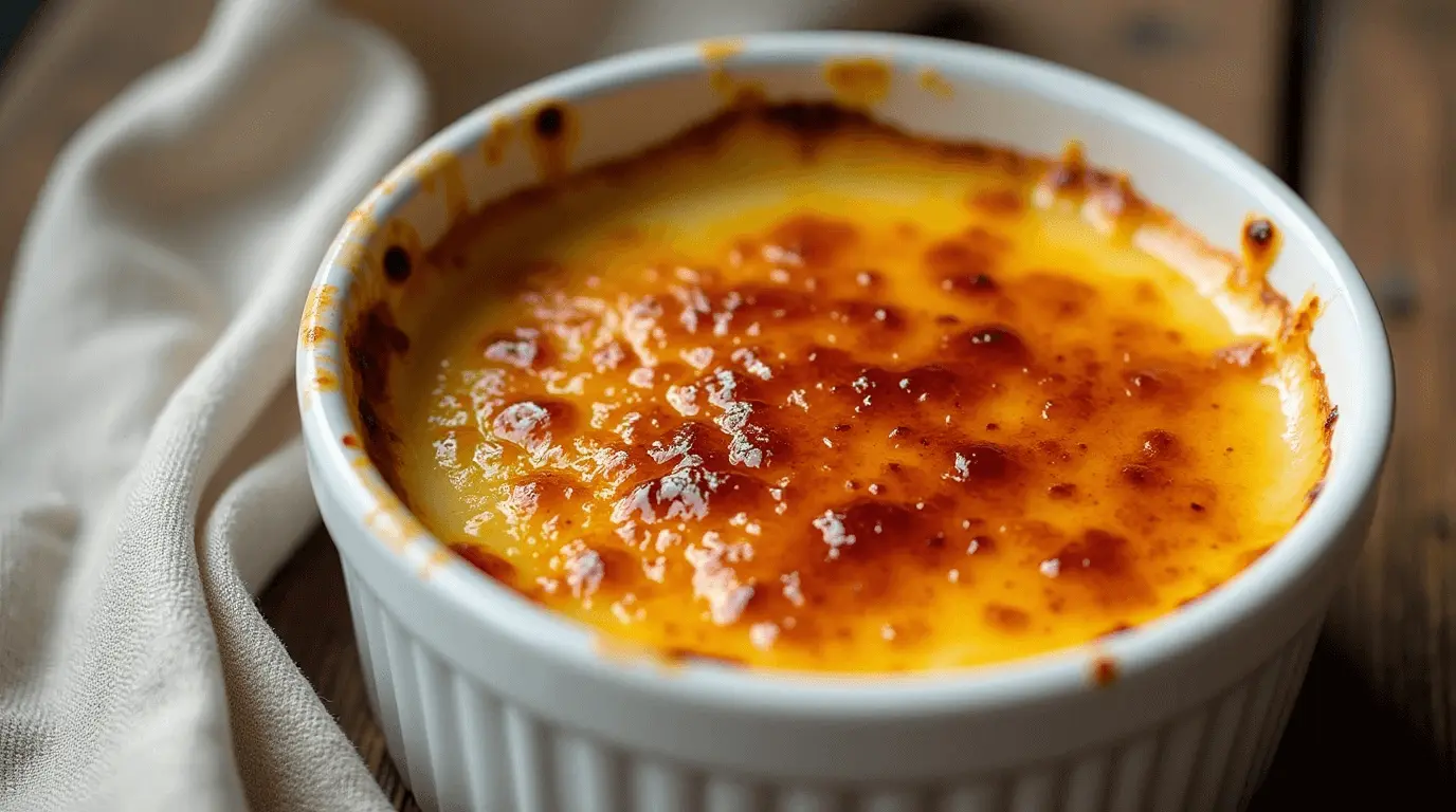 Creamy crab brulee recipe with golden caramelized crust in a white ramekin.