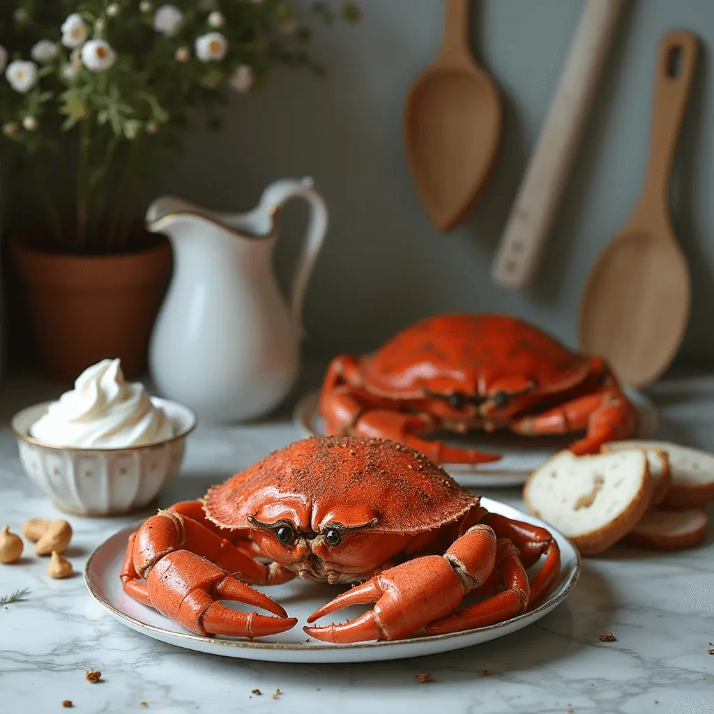A historical setting showcasing the fusion of French cuisine and seafood dishes, with crab and culinary tools.
