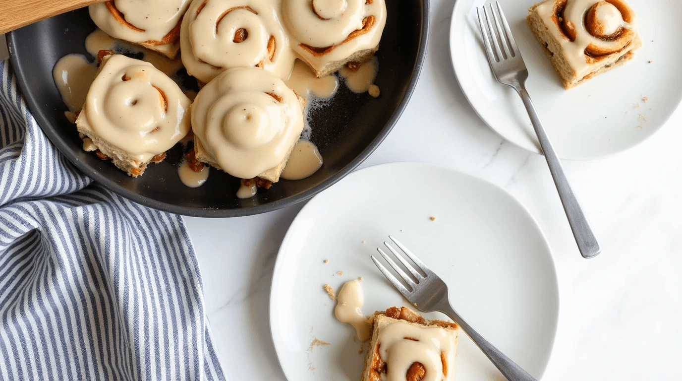 Freshly baked cinnamon rolls with cream cheese frosting served on a plate