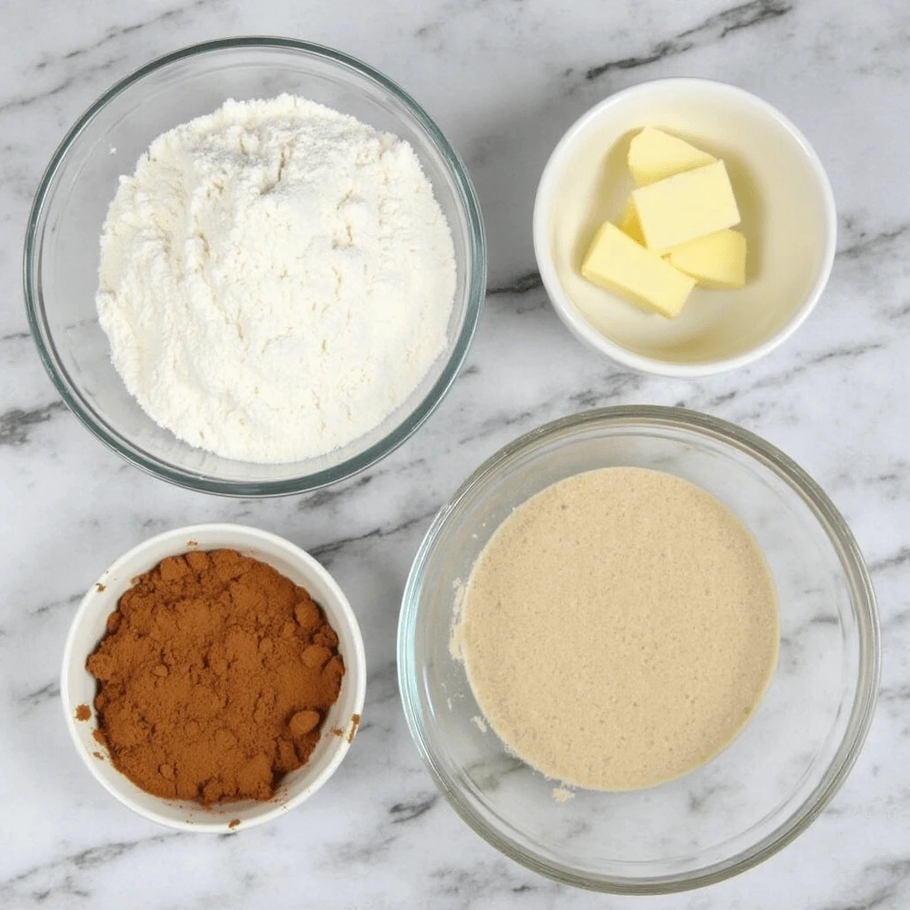 A selection of ingredients for making cinnamon rolls, including flour, butter, cinnamon, and yeast, neatly arranged in bowls on a marble countertop.