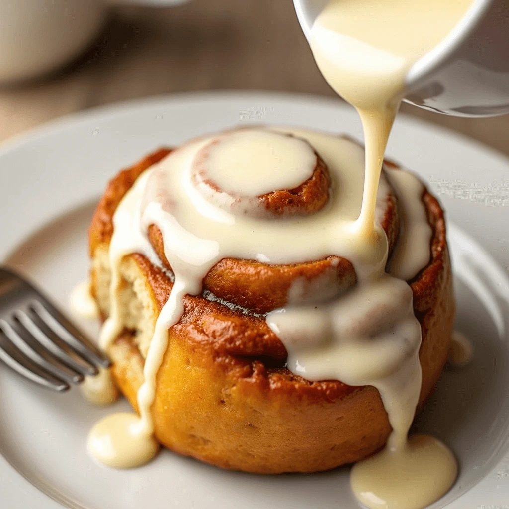 Freshly baked sourdough discard cinnamon rolls topped with creamy frosting, served on a plate with a fork beside it