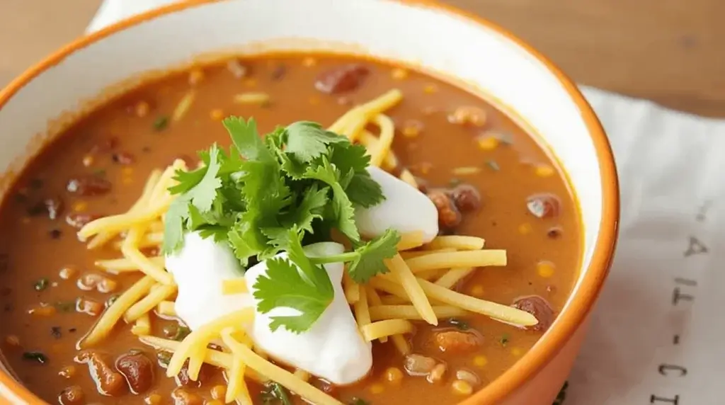 A bowl of taco soup garnished with shredded cheese, sour cream, and fresh cilantro, served in an orange-rimmed bowl.