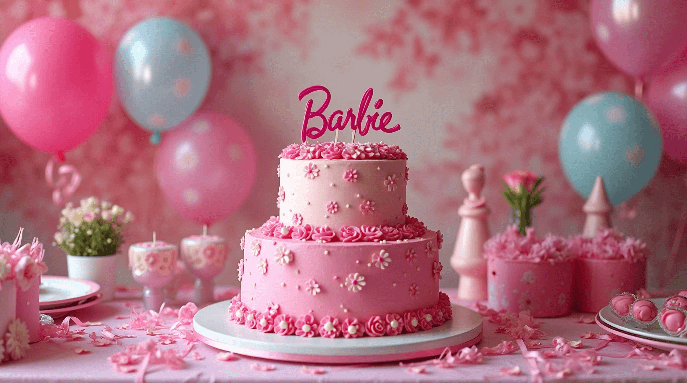 A beautifully decorated pink Barbie birthday cake with two tiers, adorned with floral designs and a "Barbie" topper, surrounded by pink-themed party decorations.