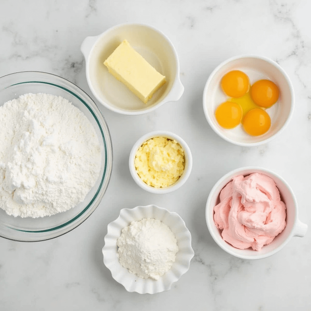 Ingredients for a Barbie birthday cake laid out on a marble countertop, including flour, butter, eggs, frosting, and powdered sugar in small bowls.