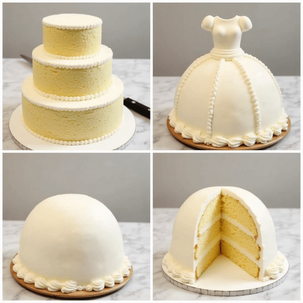 Step-by-step process of assembling a Barbie birthday cake, featuring stacked cake layers, a dome-shaped carved cake, and a finished design resembling a doll's dress with white frosting details.