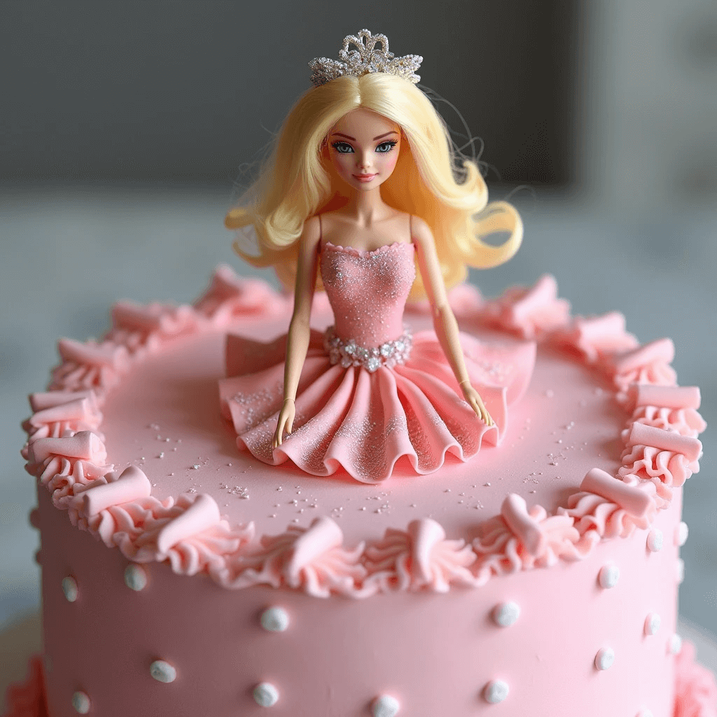 A beautifully decorated Barbie birthday cake featuring a Barbie doll with a pink fondant dress, intricate ruffles, and pearl accents, topped with a sparkling tiara.