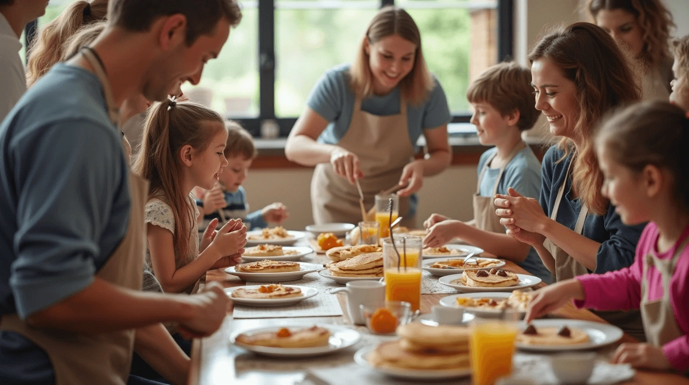 Families enjoying a CMS Pancake Breakfast, gathered around a long table with plates of pancakes, orange juice, and smiling faces in a bright, cheerful room.