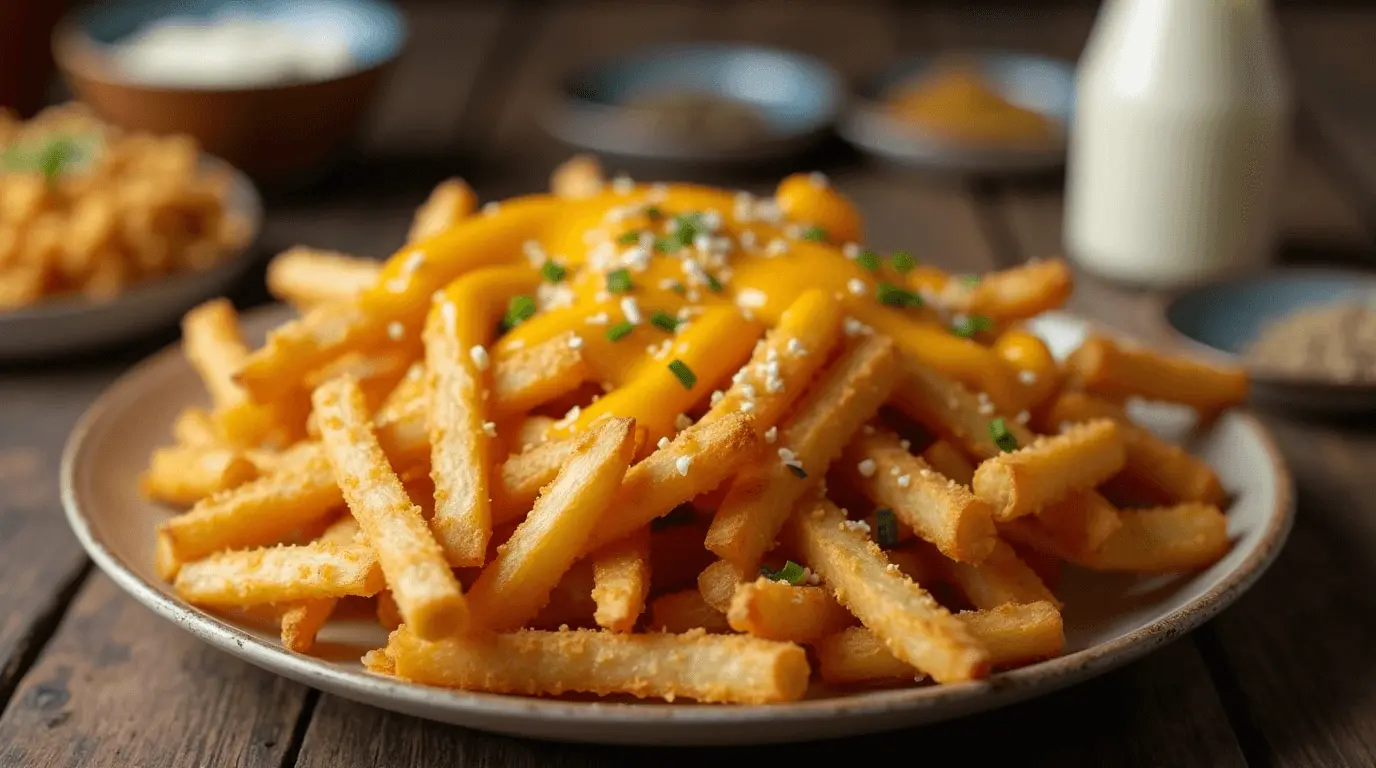 A plate of crispy golden fries topped with melted cheddar cheese, garnished with chopped chives and sesame seeds. Background elements include blurred bowls and a bottle of milk.