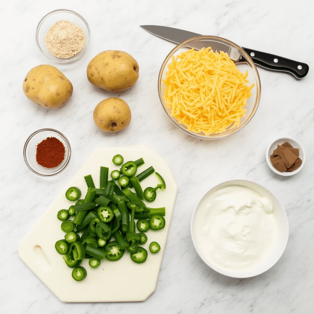 A flat lay of ingredients for Voodoo Fries, including fresh potatoes, shredded cheddar cheese, sliced jalapeños, green onions, Cajun seasoning, sour cream, and spices, arranged on a white marble surface with a knife and cutting board.