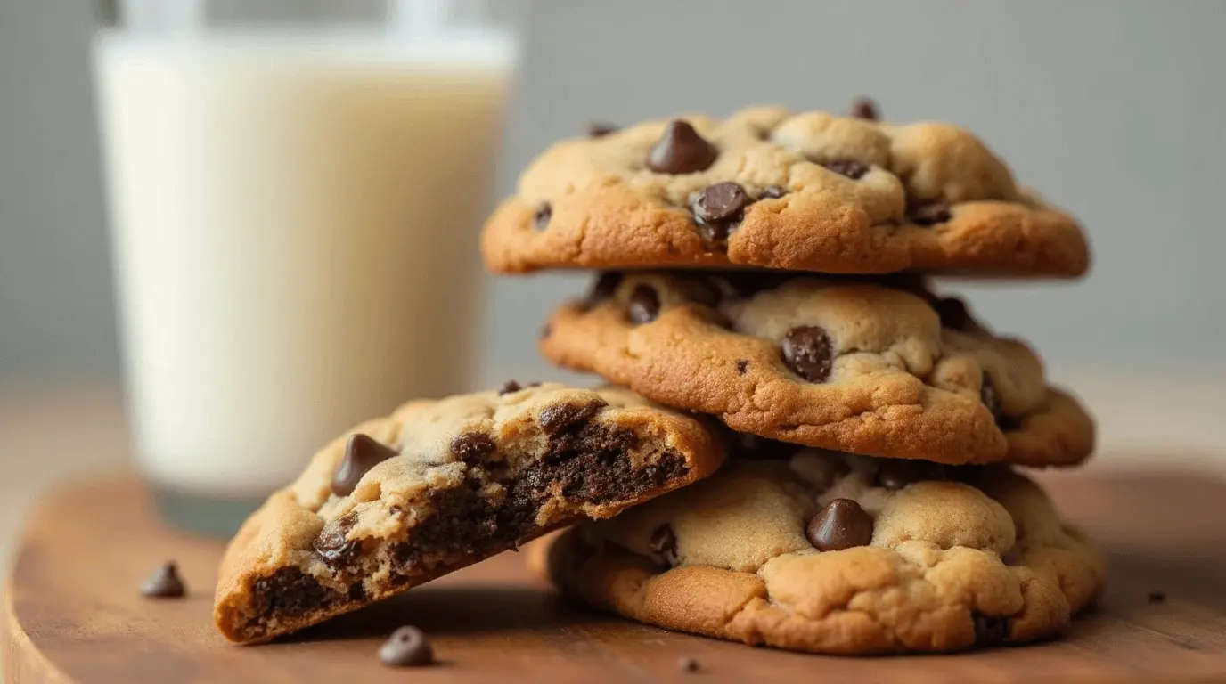 A stack of freshly baked chocolate chip cookies with gooey chocolate centers and crisp golden-brown edges, served on a wooden board with a glass of milk in the background.