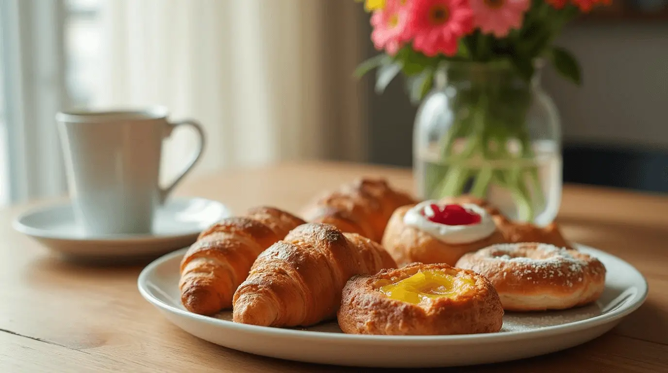 A plate of assorted breakfast pastries, including croissants, danishes with fruit filling, and powdered sugar donuts, placed on a wooden table. A cup of coffee and a vase with vibrant pink and orange flowers are in the background.