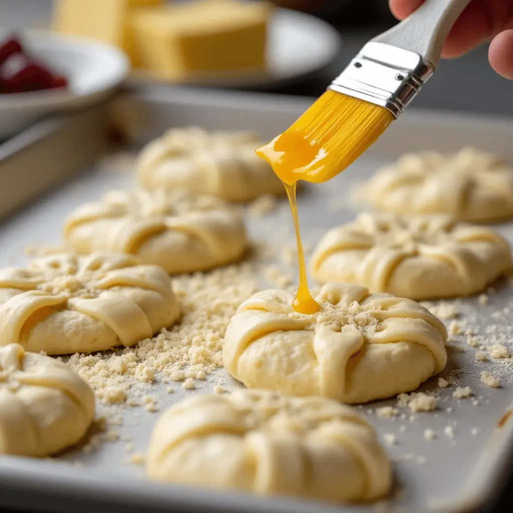 Close-up of a hand brushing egg wash onto beautifully shaped unbaked breakfast pastries topped with a crumb mixture, placed on a baking tray, with ingredients like butter and jam in the background.