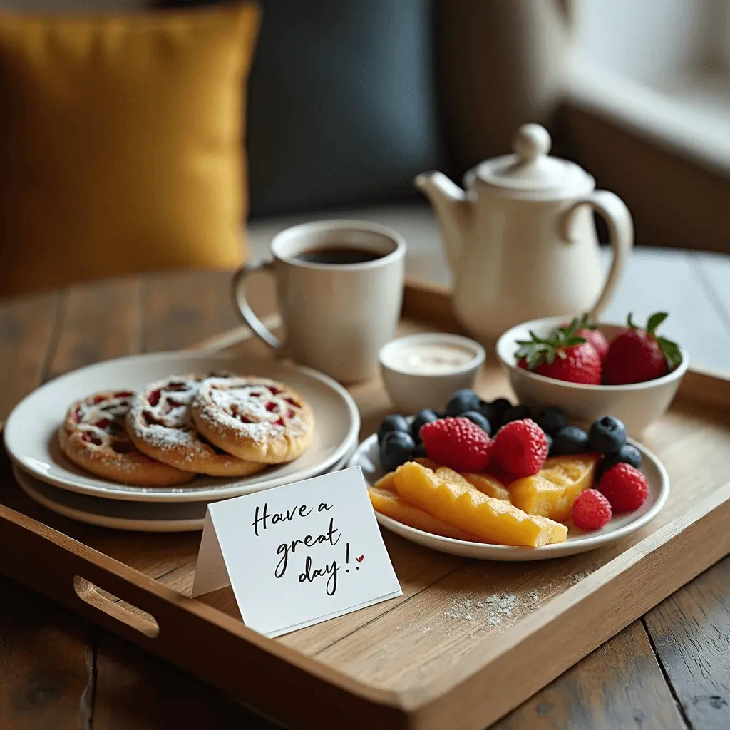 A cozy breakfast tray featuring powdered sugar-topped breakfast pastries, a plate of fresh fruits including raspberries, blueberries, and pineapple, alongside a cup of coffee and a teapot. A handwritten note reads "Have a great day!" creating a warm and inviting morning scene.