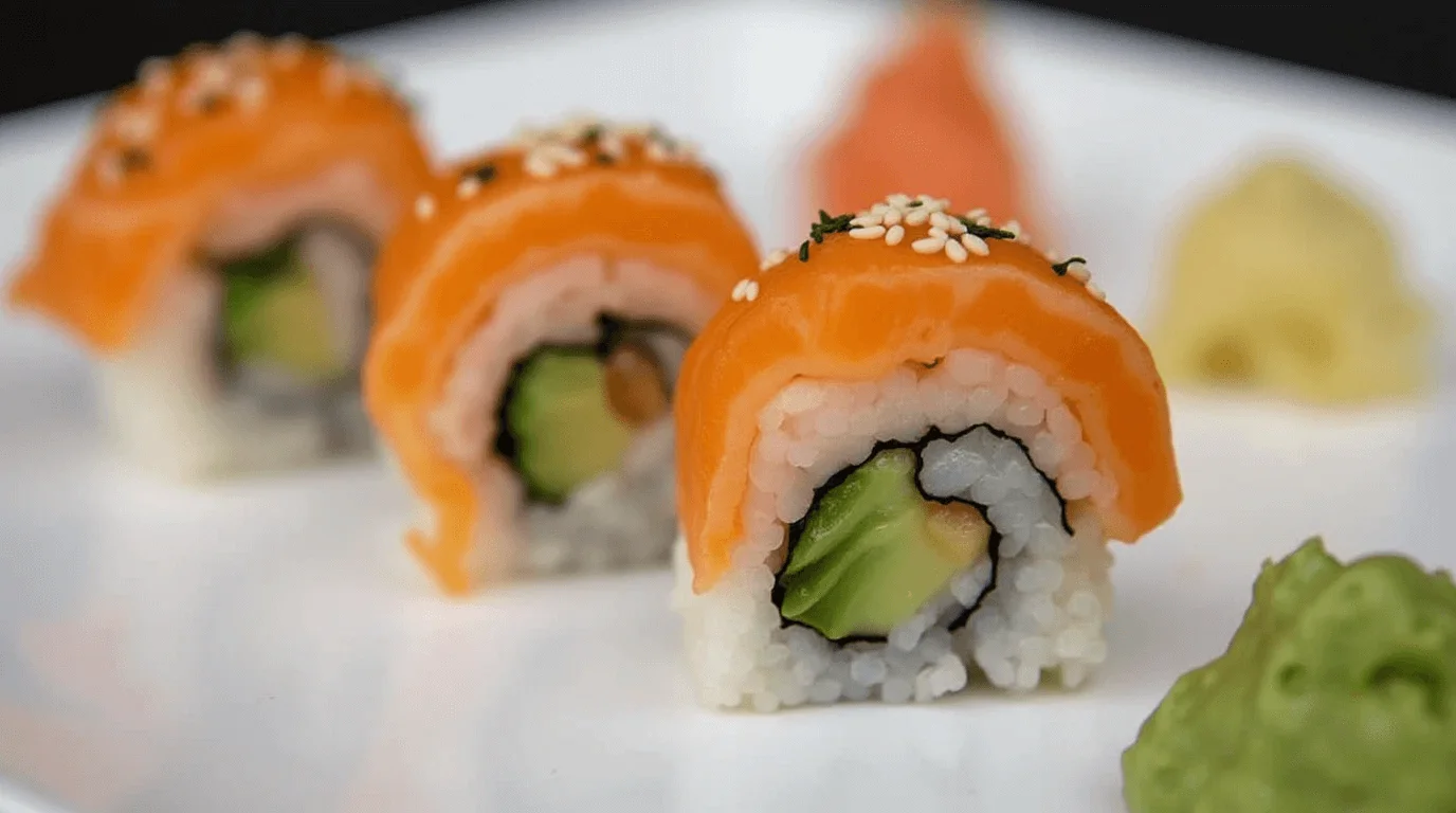 Close-up of sliced Alaska Roll sushi with fresh salmon, avocado, cucumber, and rice, topped with sesame seeds, served on a white plate with wasabi and ginger.