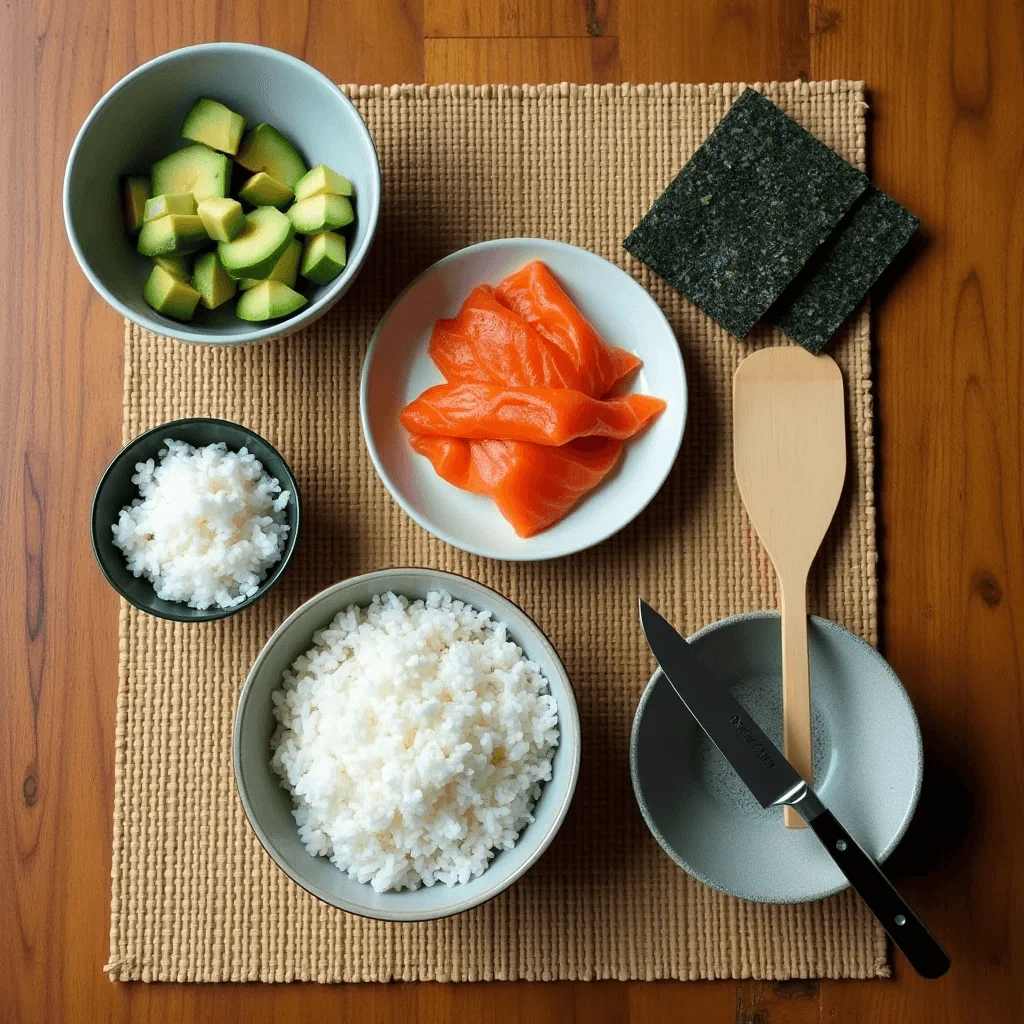 Ingredients for making an Alaska Roll, including sushi-grade salmon, avocado slices, sushi rice, nori sheets, and essential tools like a rice paddle and knife, arranged neatly on a bamboo mat.