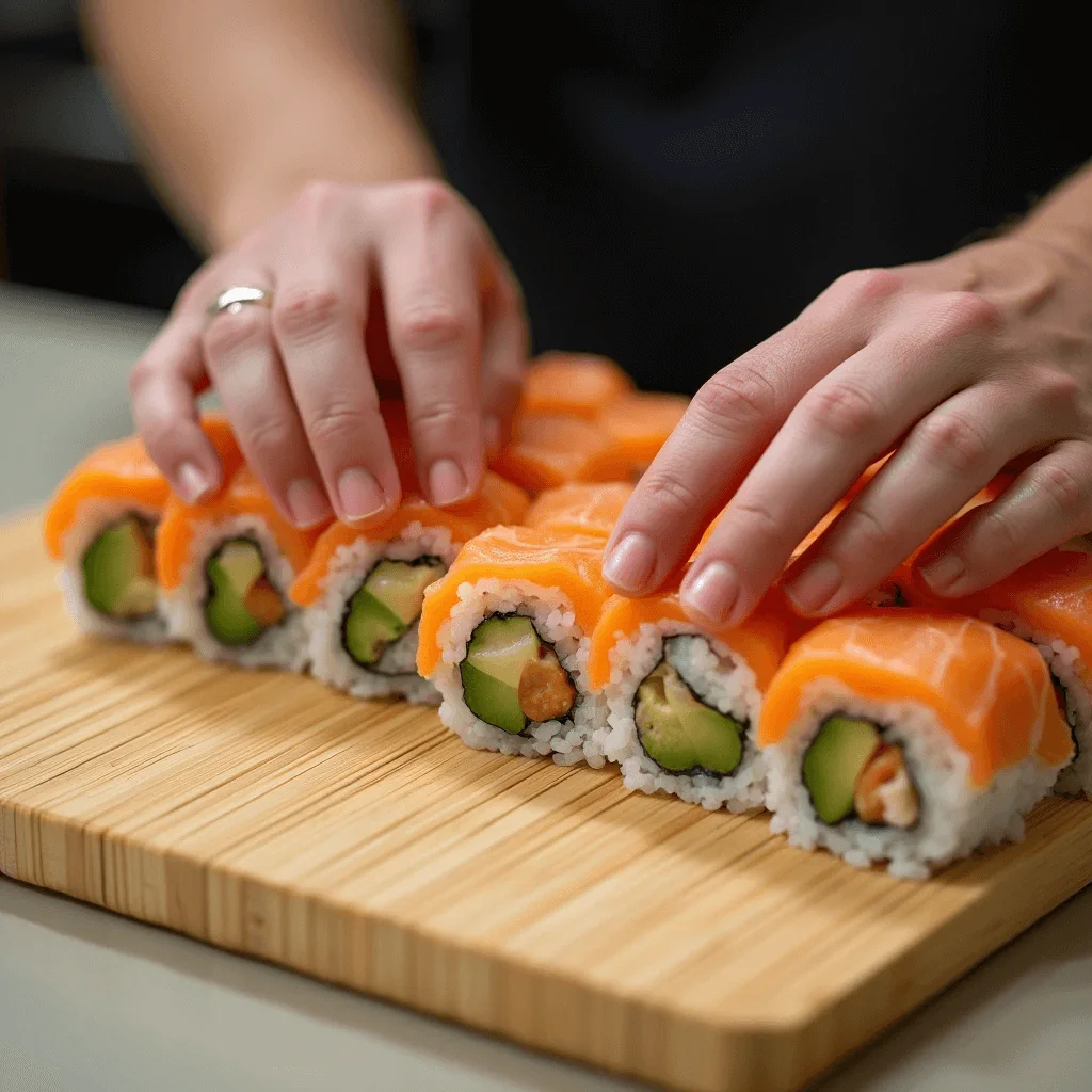 Close-up of hands arranging freshly made Alaska Roll sushi with salmon, avocado, and cucumber on a wooden cutting board.