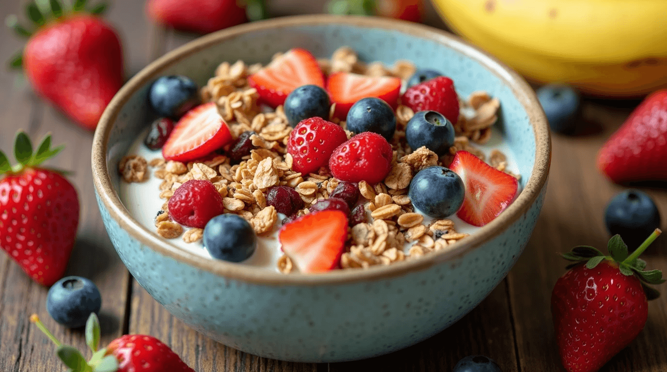 A bowl of sugar-free granola topped with fresh blueberries, strawberries, and raspberries, served on a wooden table surrounded by scattered fresh fruits